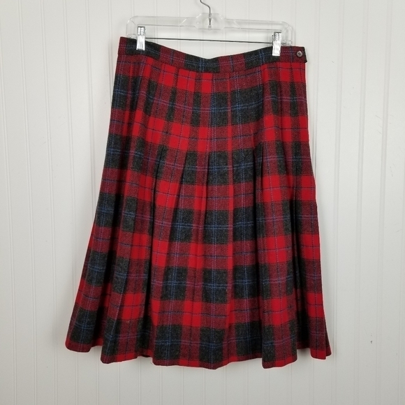 Vintage 100% Wool Pleated Tartan Plaid Midi Skirt Red Gray Blue USA Mik Mak 14 - Picture 8 of 8